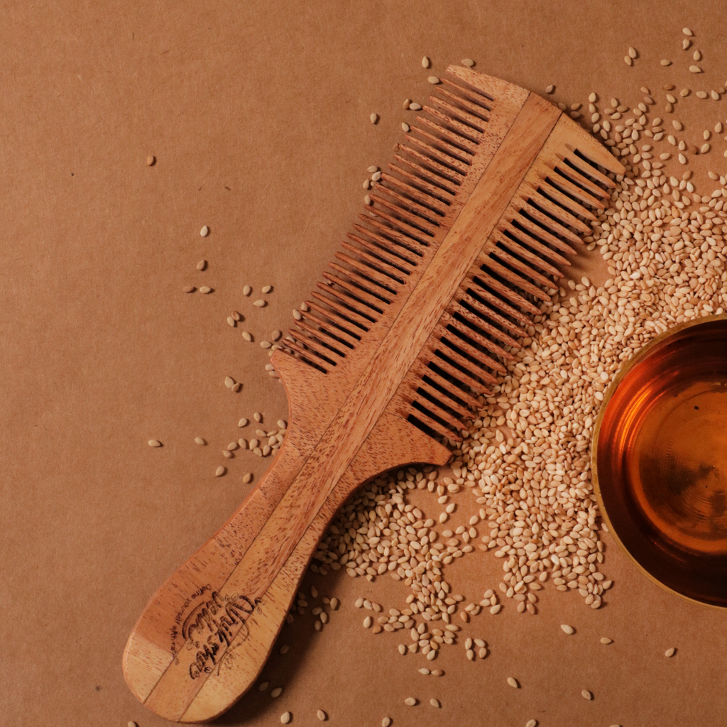 Sesame Oil Soaked Double sided Neem Wood Comb with Handle
