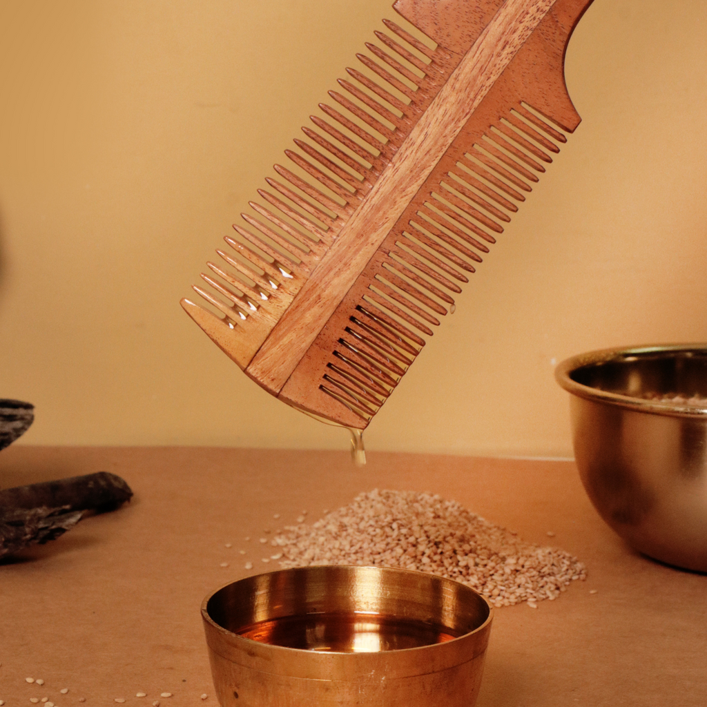 Sesame Oil Soaked Double sided Neem Wood Comb with Handle